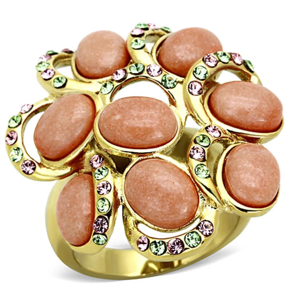 TK1102 - IP Gold(Ion Plating) Stainless Steel Ring with Synthetic Coral in Orange - Grocery