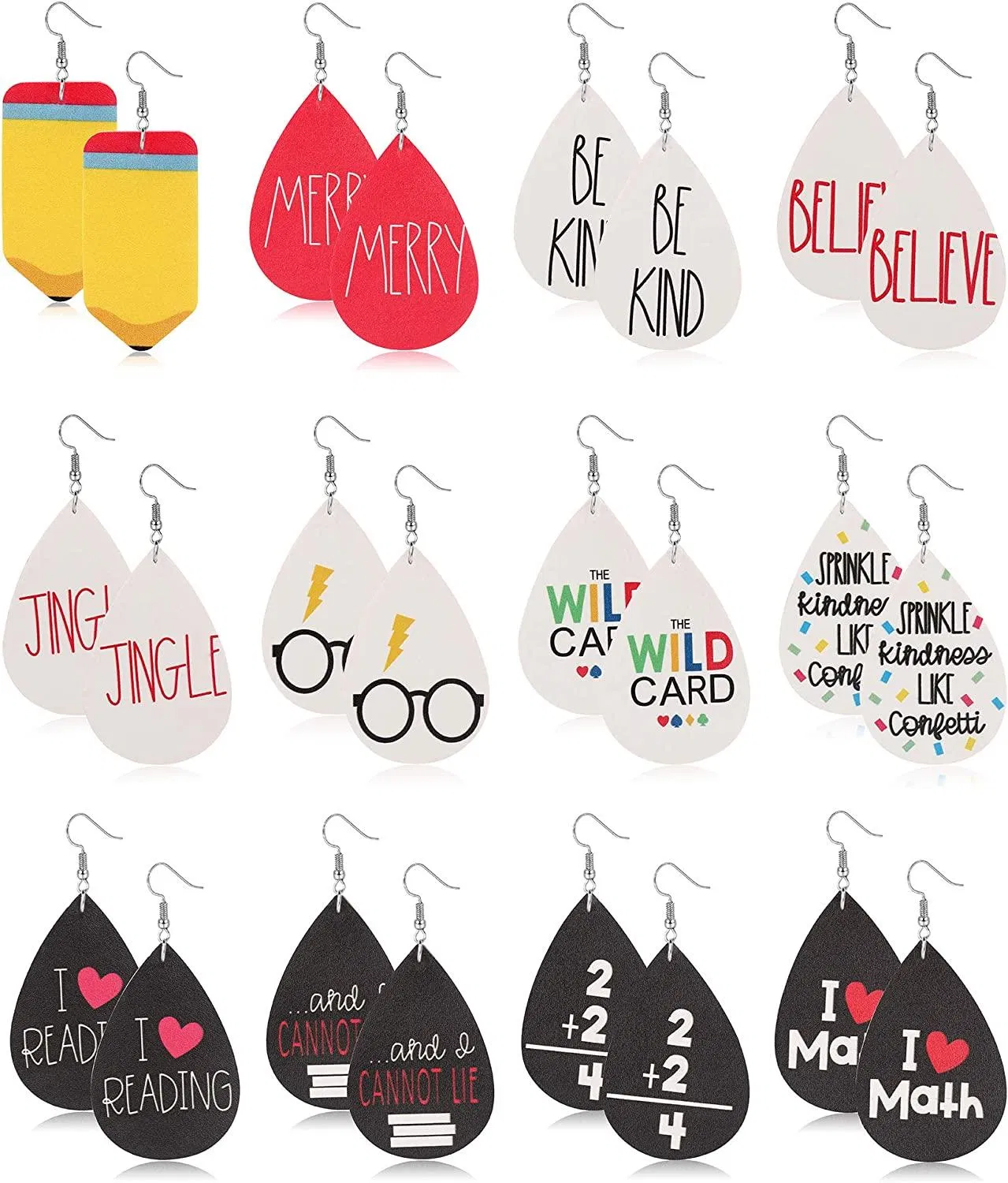 12 Pairs Leather Drop Earrings Set Lightweight Cute Creative Earrings for Women I Love Math Teardrop Pencil Dangle Earrings Gift - Grocery