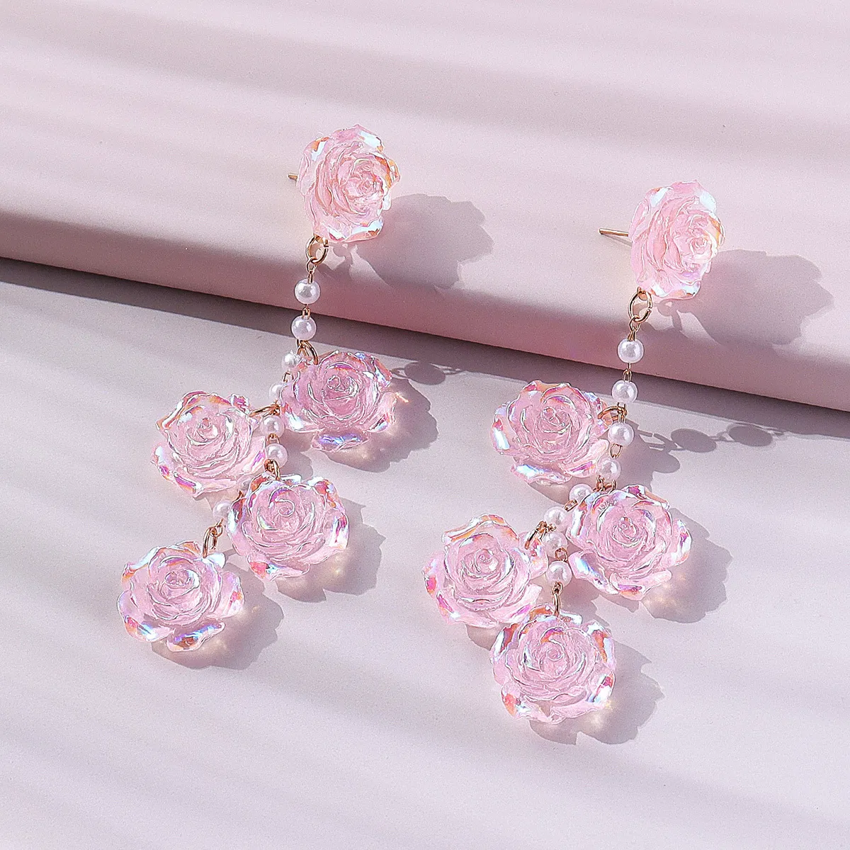 Elegant Pink Rose Flower Long Earrings With Faux Pearl Floral Ear Jewelry - Grocery