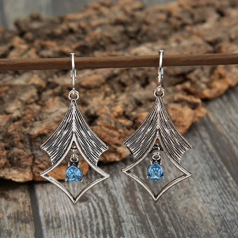 Vintage Geometric Rhombus Hollow Design Earrings Inlaid Oval Shape Faux Gemstone Ear Accessories - Grocery