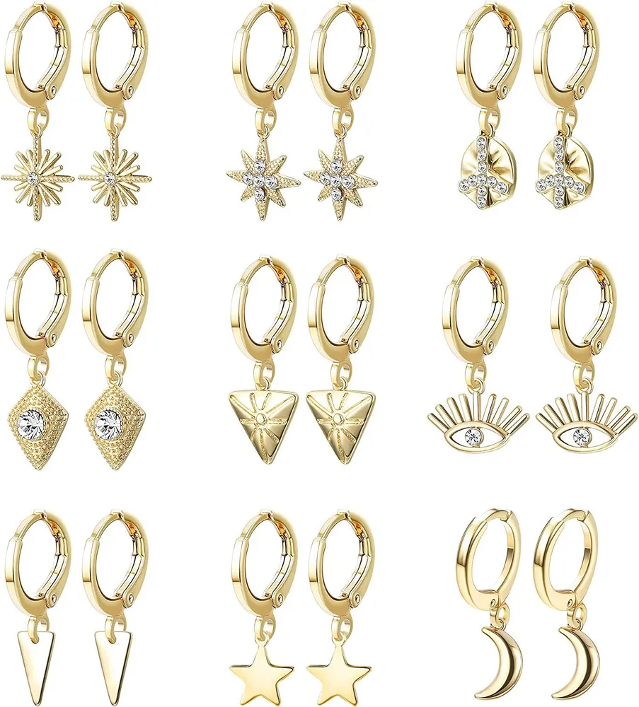 Small Dangle Hoop Earrings Cute Star Moon Evil Eye Charm Mini Huggie Hoop Earrings for Women - Grocery