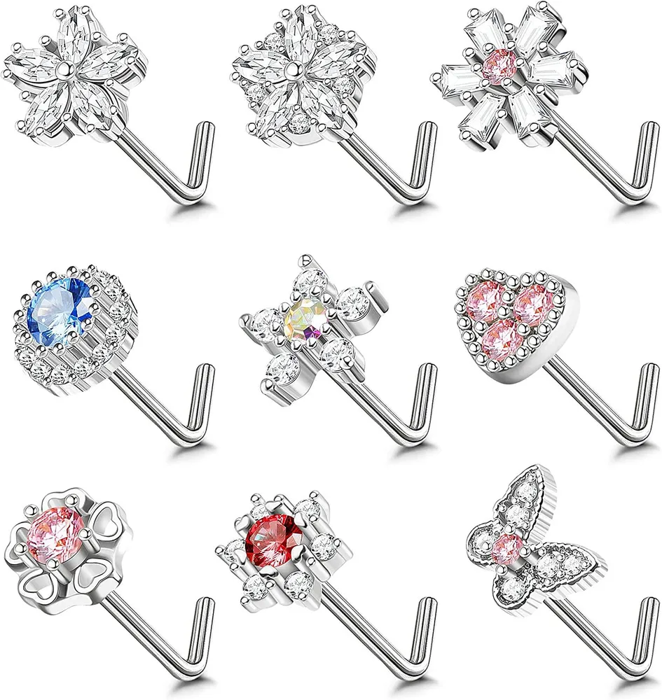 9 Pcs 20G Nose Rings Stud for Women Men Stainless Heart Butterfly L Shaped Nose Rings Star Flower Snowflake CZ Nose Piercing Jewelry - Grocery