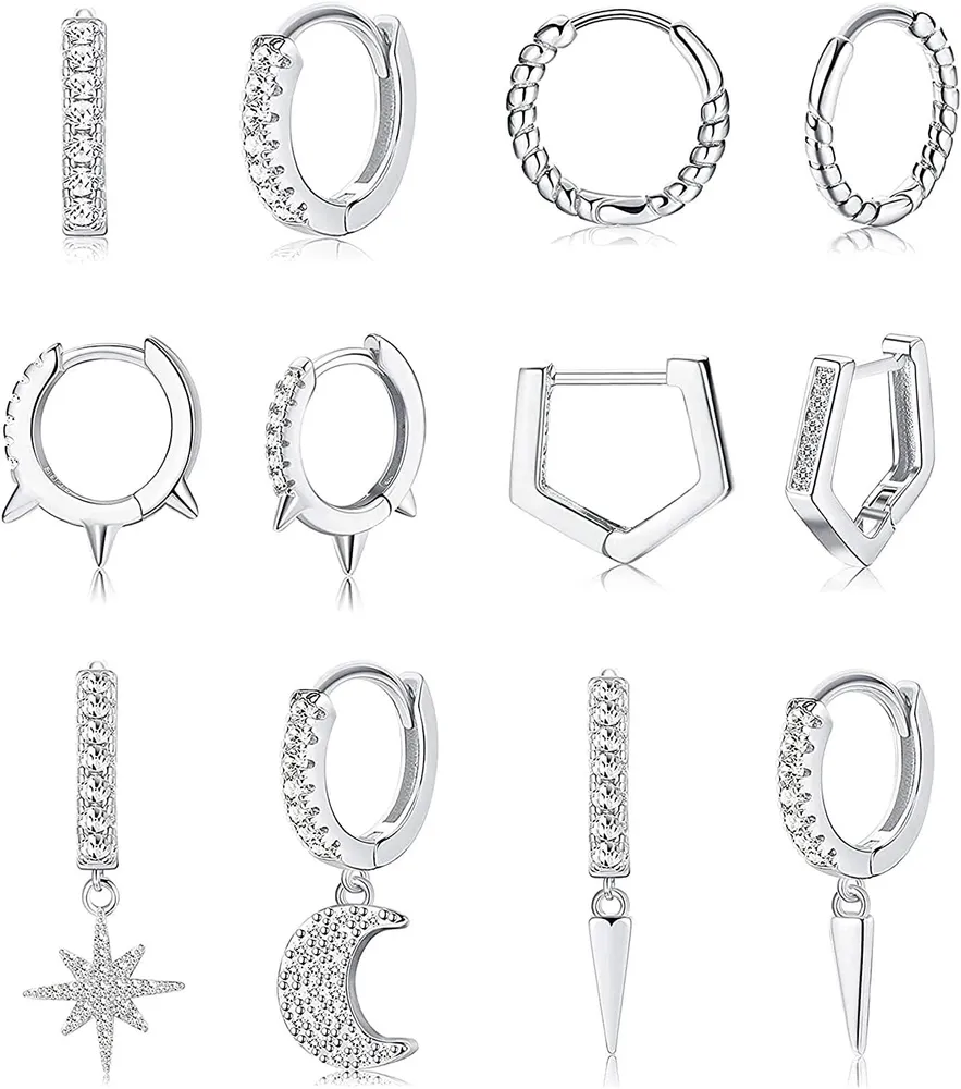 6Pairs 18G Moon Star Dangle Hoop Earrings for Women Twist Cubic Zirconia Spike Small Huggie Hoop Ear Piercing Set - Grocery
