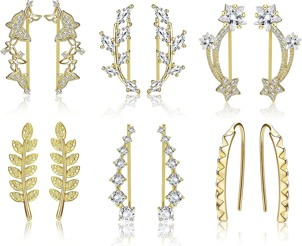 6Pairs Ear Cuffs Climber Hoop Earring for Women Ear Climber Earrings Crawler Stud Earring CZ Leaf Star Bar 3D Butterfly Wrap Earring Set - Grocery