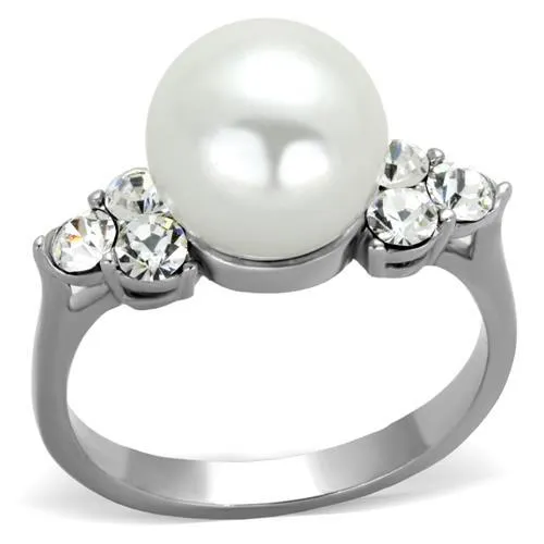 TK1824 - High polished (no plating) Stainless Steel Ring with Synthetic Pearl in White - Grocery