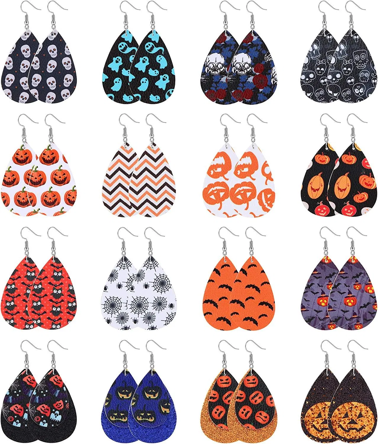 16 Pairs Halloween Leather Earrings For Women Pumpkin Skull Spider Print Teardrop Dangle Earrings Lightweight Bat Ghost Print Layered Drop Earrings Set - Grocery