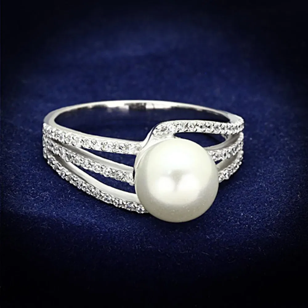 TS170 - Rhodium 925 Sterling Silver Ring with Synthetic Pearl in White - Grocery