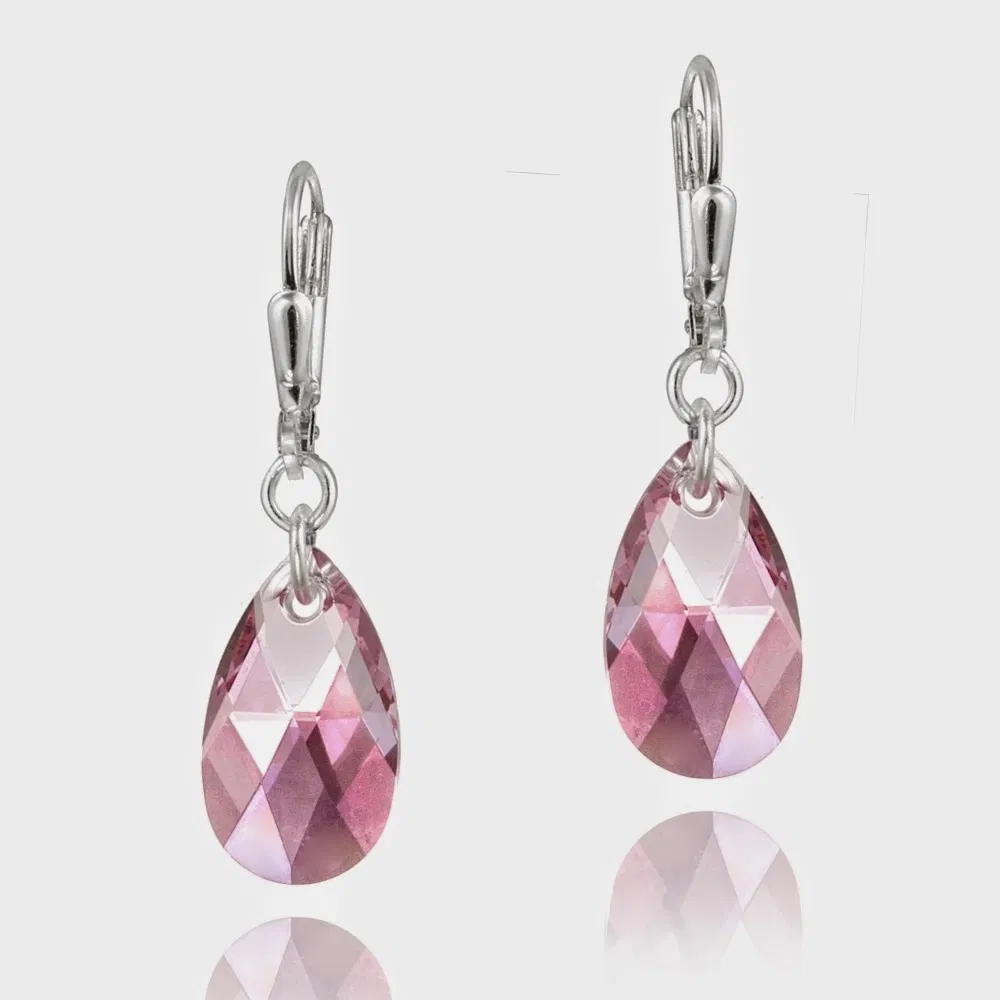 Sterling Silver Rose Swarovski Elements Teardrop Dangle Leverback Earrings - Grocery