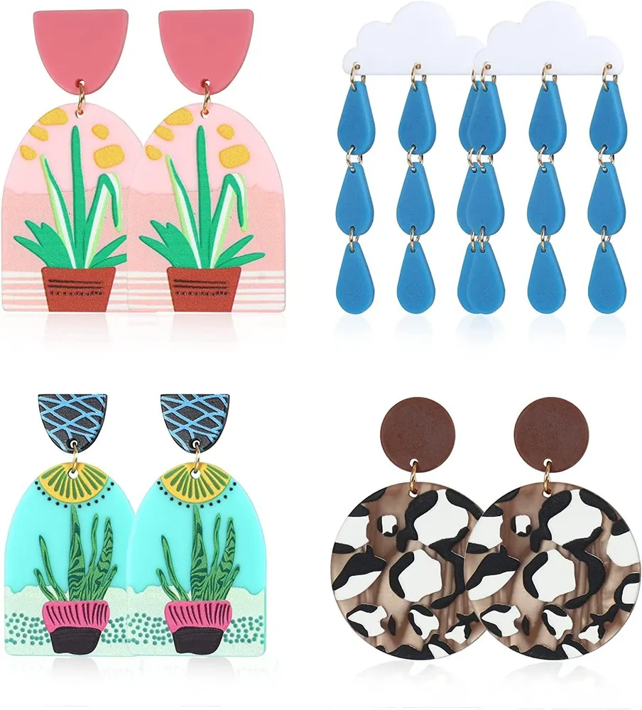 4 Pairs Acrylic Colorful Drop Dangle Earrings for Women Geometric Earrings Irregular Flora Animal Graffiti Cartoon Earrings Lightweight Jewelry - Grocery