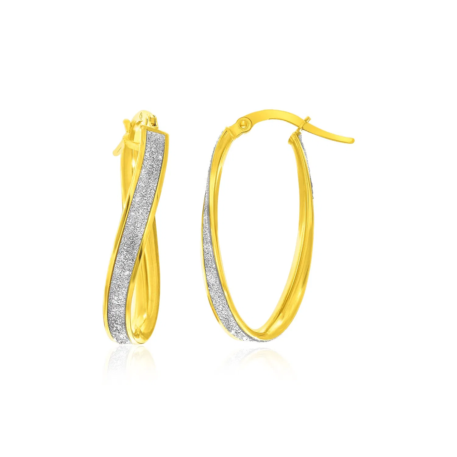 14k Two-Tone Gold Oval Hoop Twist Glittery Earrings - Grocery