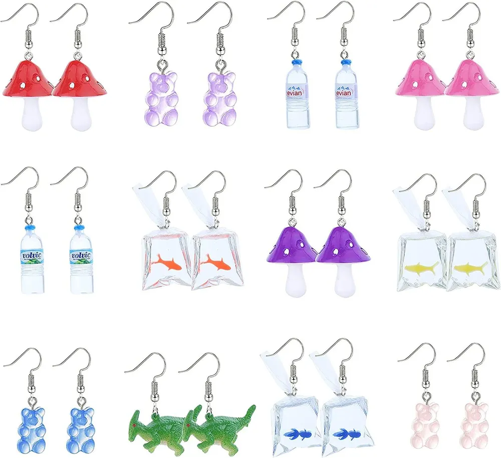 12 Pairs Cute Funny Earrings for Girls Women Bear Dinosaur Strawberry Pineapple Mushroom Goldfish Dangle Piercing Weird Earrings - Grocery