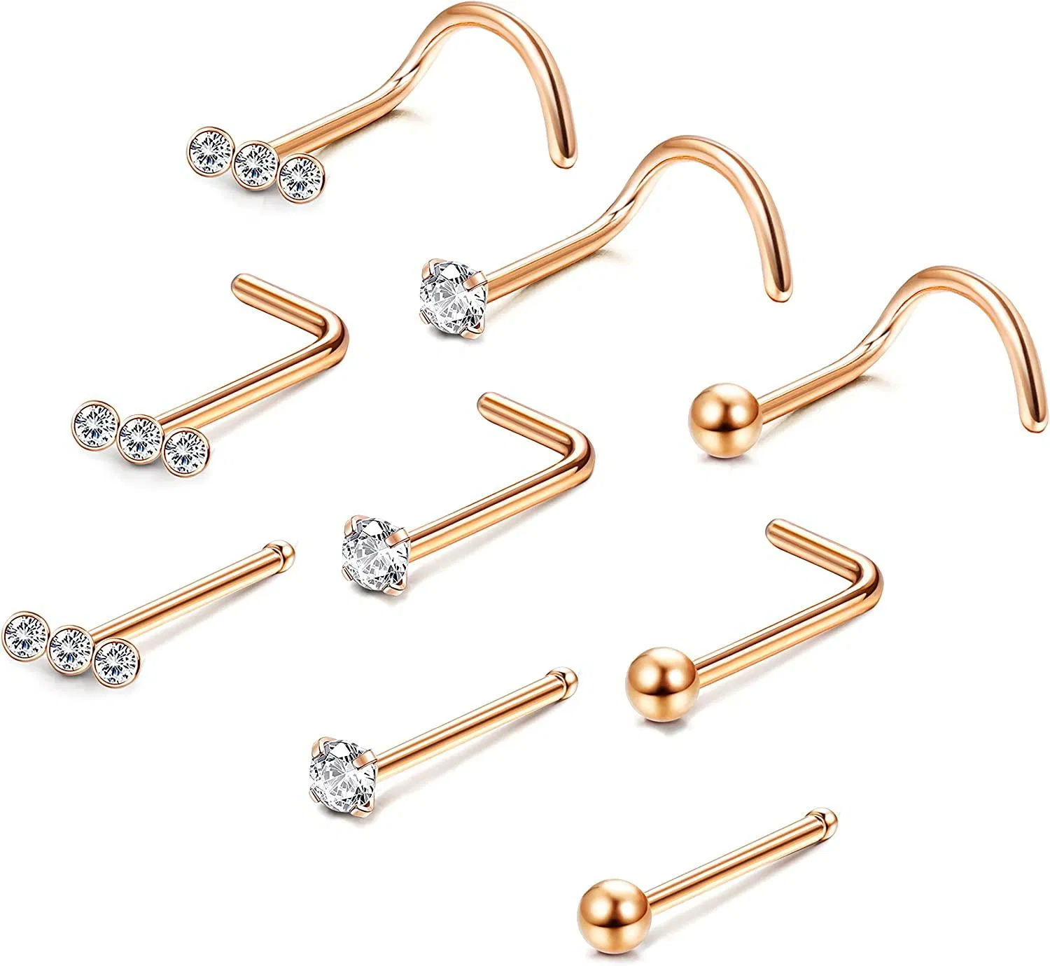 20G Nose Stud Rings for Women Men Surgical Triple Linear Ball Nose Studs Screw L Shaped Tragus Lip Piercing Set 9Pcs - Grocery