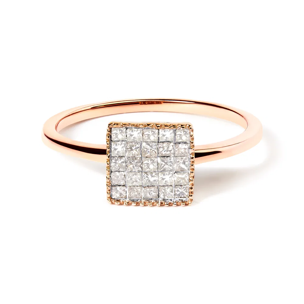 10K Rose Gold 1/3 Cttw Invisible Set Princess Cut Diamond Composite Square Shape Ring for Women (H-I color, I1-I2 clarity) - Grocery