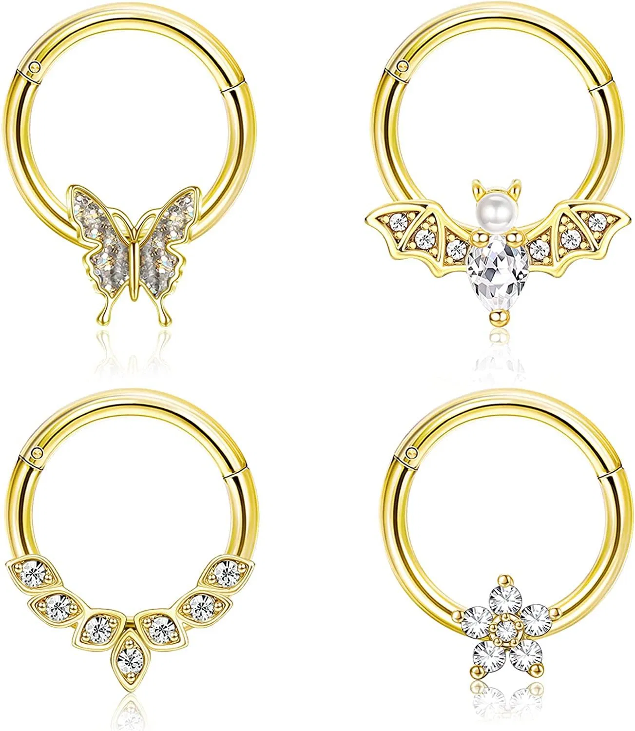 4Pcs 16G Septum Rings Stainless Cartilage Helix Tragus Hoop Daith Earrings Nose Rings Hoop CZ Butterfly Flower Bat Halloween Septum Clicker Rings Set 8mm - Grocery