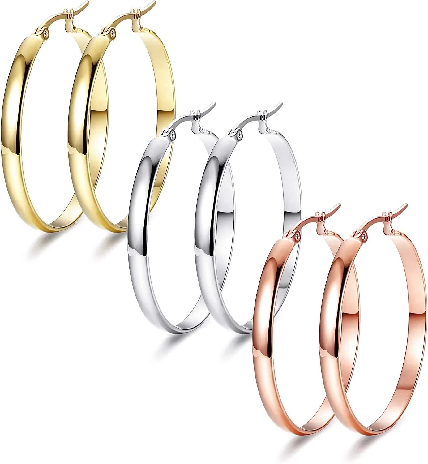 3 Pairs Clip On Hoop Earrings for Women Large Looped Earings Set 3 Colors in /Ear Rings Elegant Personalized Gift 30mm; 40mm; 50mm; 60mm Ear Hoops - Grocery