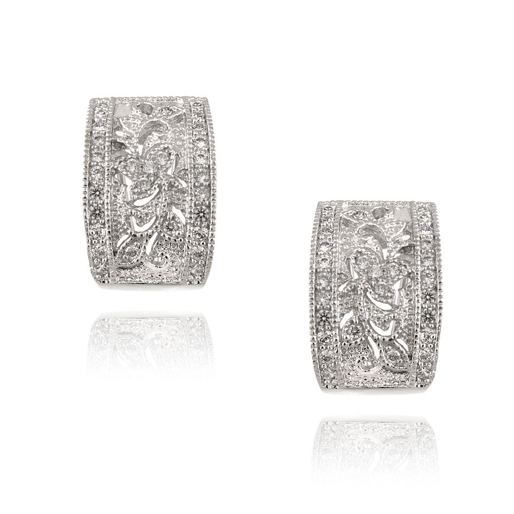 Sterling Silver Vintage Florwer CZ Half Hoop Earrings - Grocery