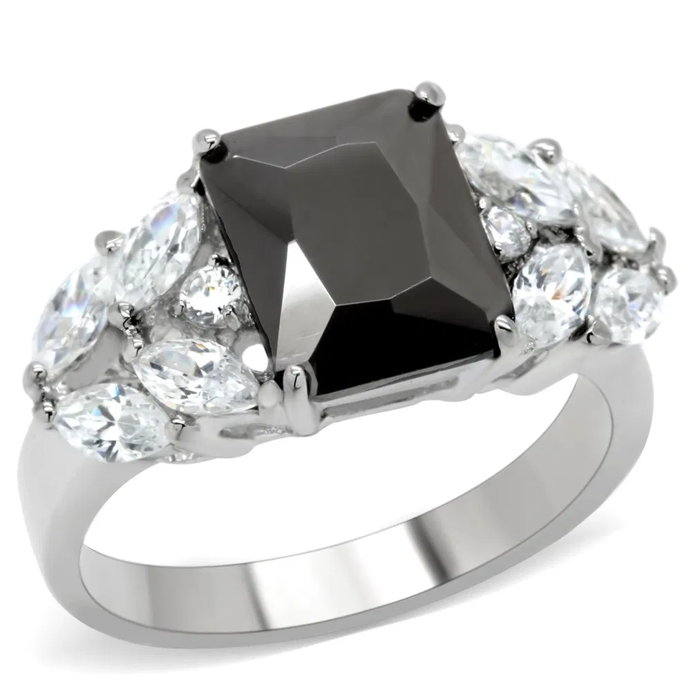 TK182 - High polished (no plating) Stainless Steel Ring with AAA Grade CZ in Jet - Grocery