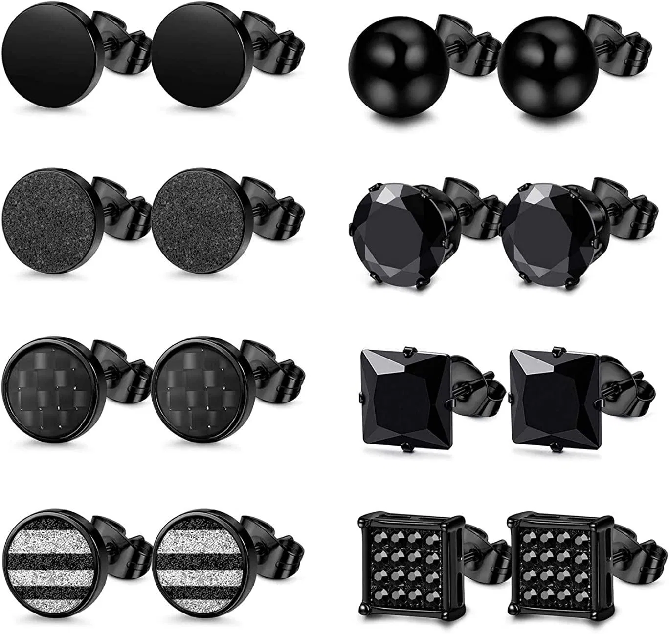 8 Pairs Stainless Steel Black Stud Earrings for Men Women Round Ball Cubic Zirconia Stud Earring Black Carbon Fiber Earrings Set - Grocery