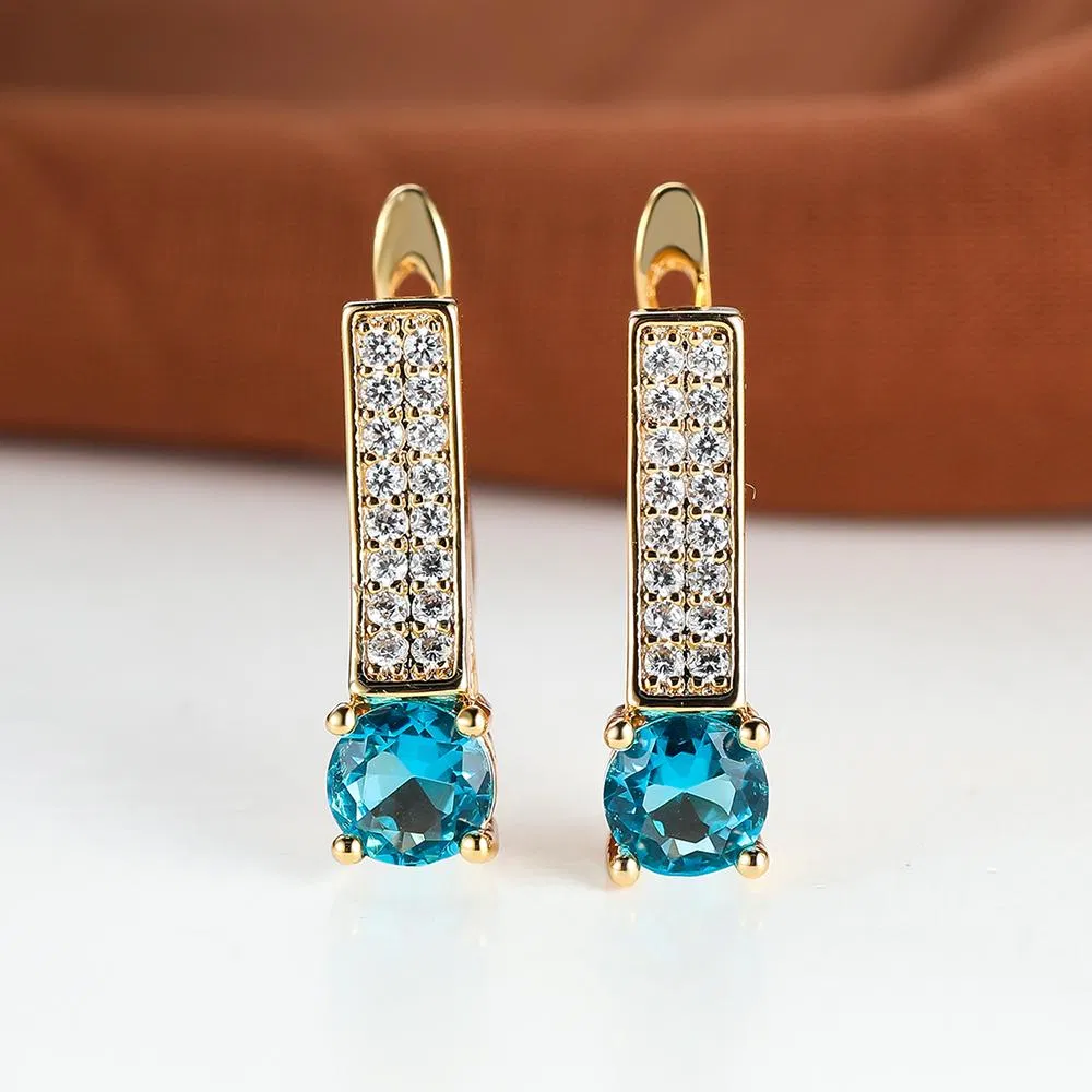 Luxury Gold Color Round Cut Aqua Blue Stone Drop Earrings Elegant Clip Earring Wedding Jewelry Party Gift - Grocery