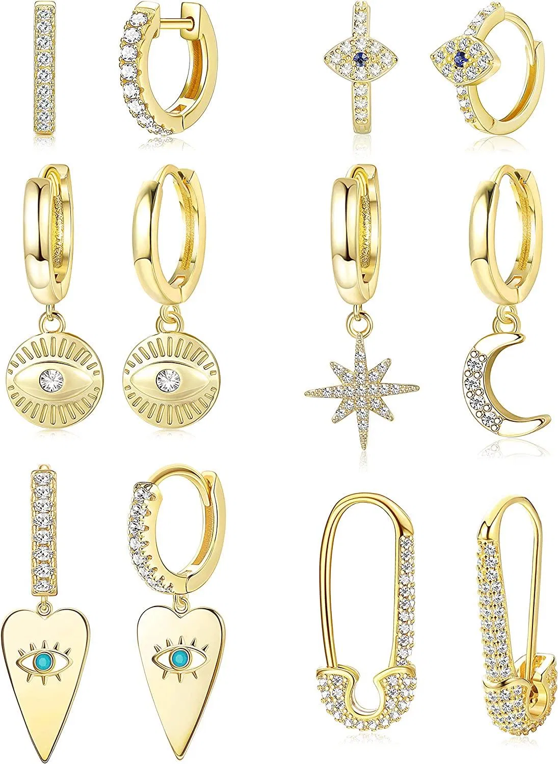 6 Pairs Huggie Hoop Earrings for Women Moon and Star Evil Eye Dangle Earrings Gold Dangle Earrings for Women - Grocery