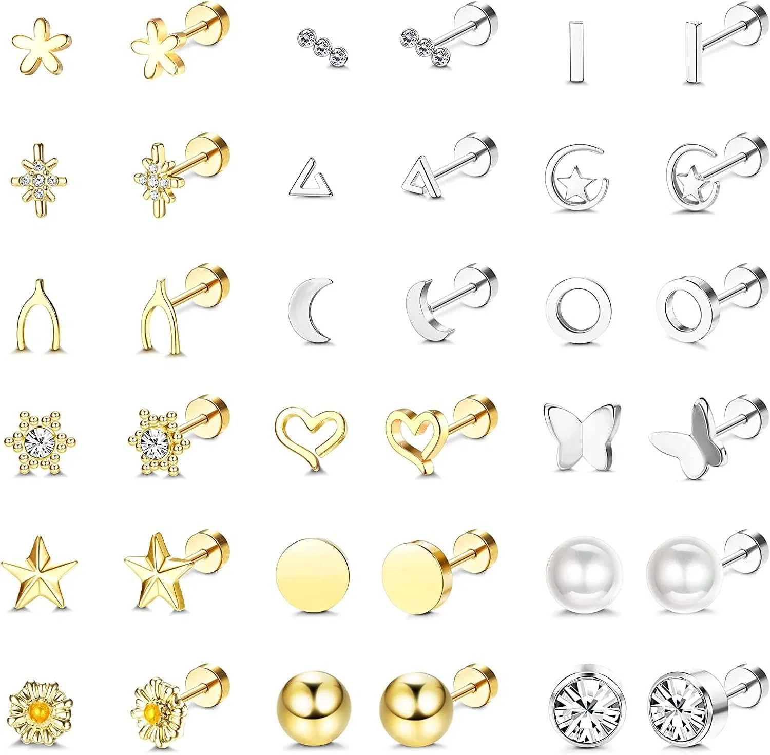 18 Pairs 20G Cartilage Stud Earrings for Women Stainless Tiny Stud Earrings Heart Star Moon flower Hypoallergenic Flatback Earrings Set - Grocery