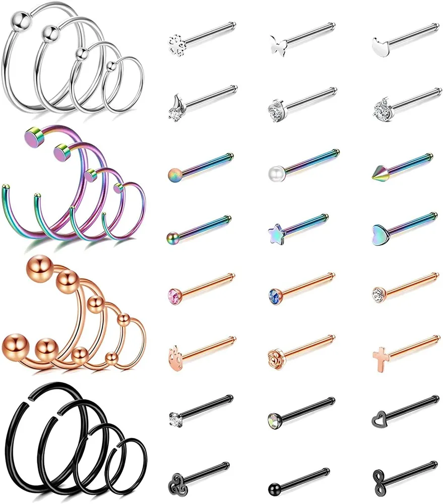 20G Nose Rings Studs for Women 316L Stainless L Shape Bone Nose Studs Nose Rings Hoops CZ Butterfly Heart Nostril Nose Piercing Set 40 Pcs - Grocery