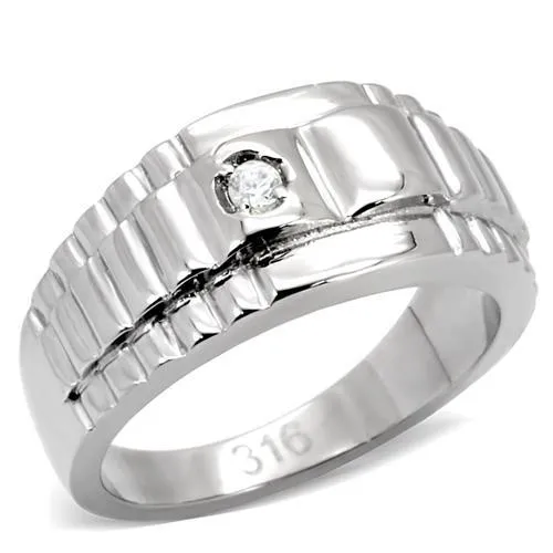 TK120 - High polished (no plating) Stainless Steel Ring with AAA Grade CZ in Clear - Grocery