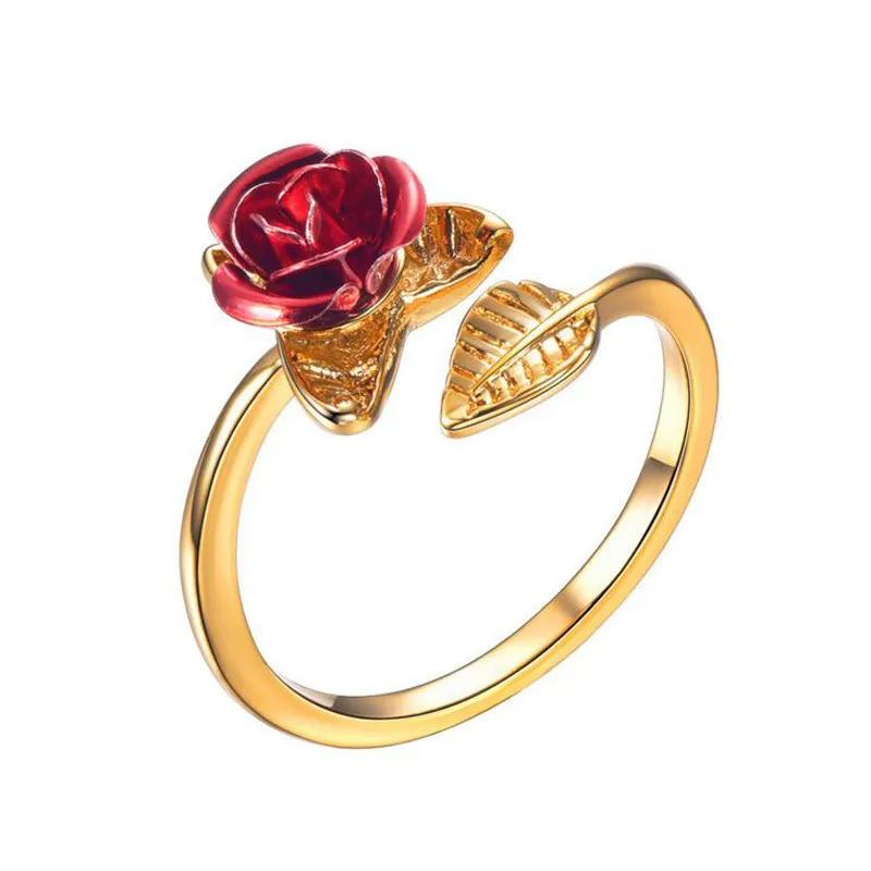 Rose Gold-Plated Disney Belle Rose Open Ring; Rosebud Charm - Grocery