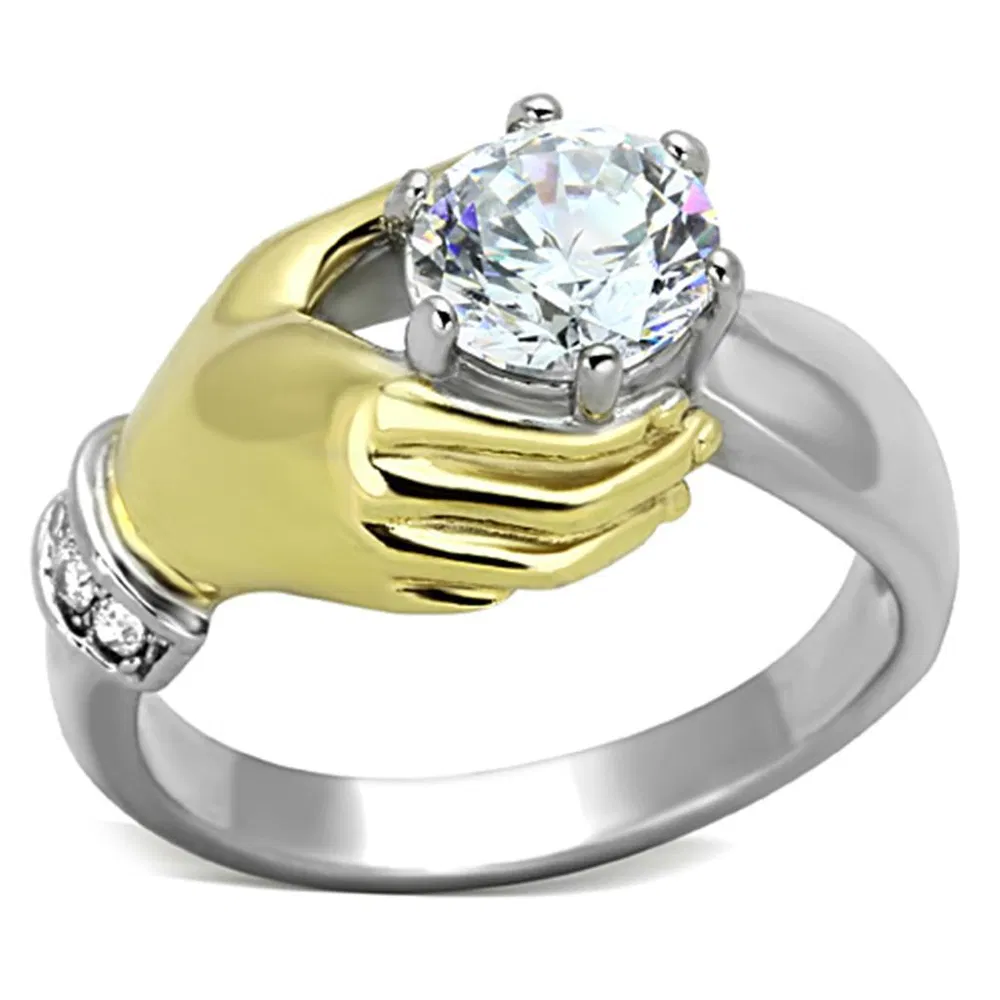 TK1324 - Two-Tone IP Gold (Ion Plating) Stainless Steel Ring with AAA Grade CZ in Clear - Grocery