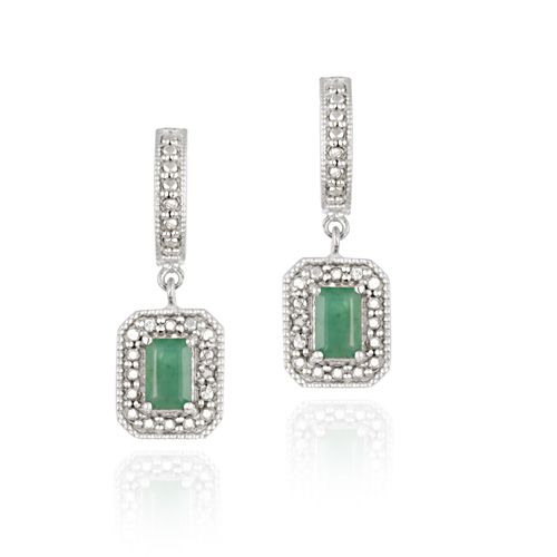 Sterling Silver Emerald & Diamond Accent Rectangular Dangle Earrings - Grocery