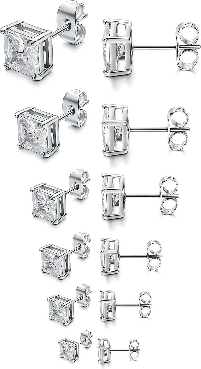 6 Pairs Mens Womens Stainless Steel Stud Earrings Cubic Zirconia Piercing 22G - Grocery