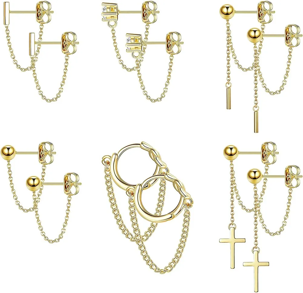 6Pairs Chain Stud Earrings for Women Stainless Post Hypoallergenic Dangle Earrings Ball Bar Cross CZ Stud Earrings Set Huggie Hoop Piercing Earrings - Grocery