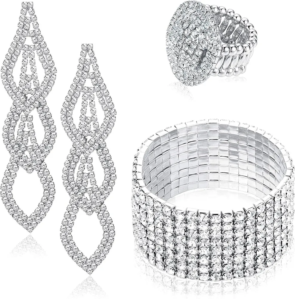Rhinestone Bridal Set for Women Strand Stretch Bracelet Long Chandelier Drop Dangle Earrings Crystal Rhinestone Oval Stretch Ring Prom Wedding Jewelry - Grocery