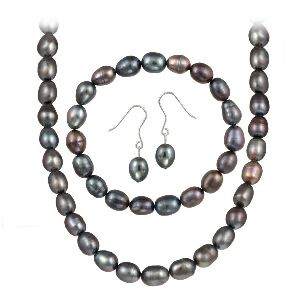 Sterling Silver Freshwater Cultured Peacock Pearl Necklace, Bracelet Earring Jewelry Set - Grocery