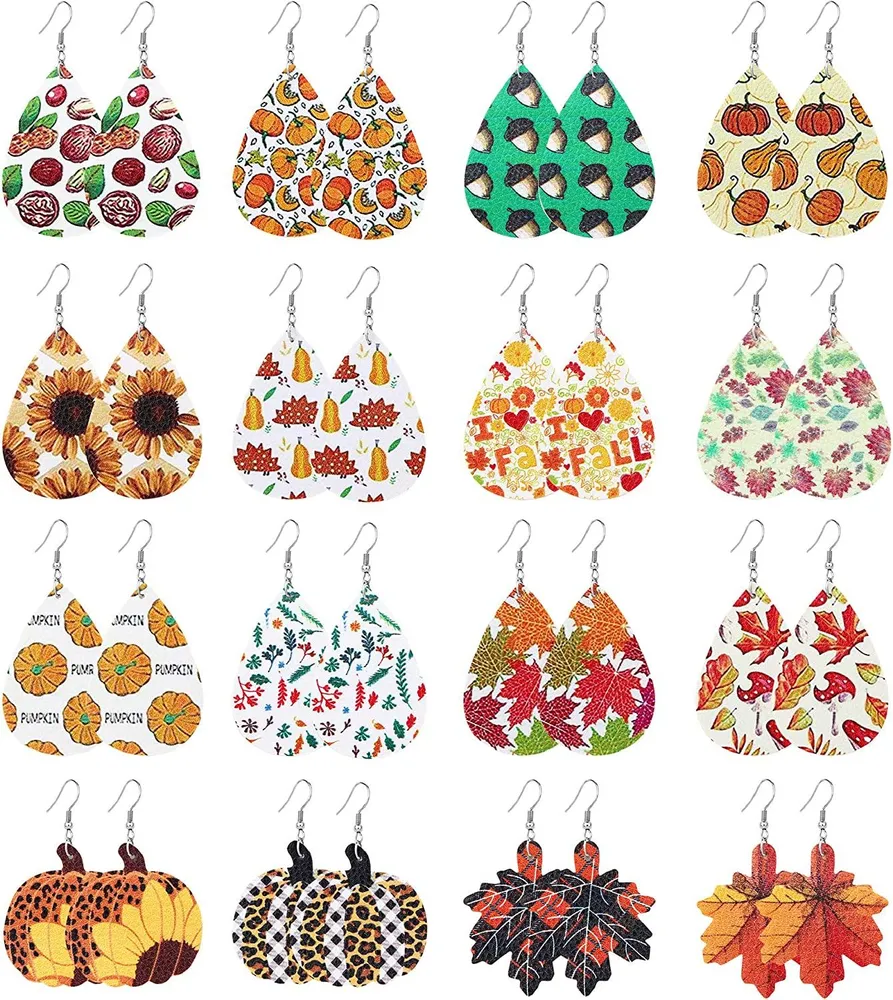 16Pairs Fall Leather Earrings for Women Teardrop Dangle Earrings Autumn Series Accessory Pumpkin Sunflower Maple Thanksgiving Jewelry - Grocery