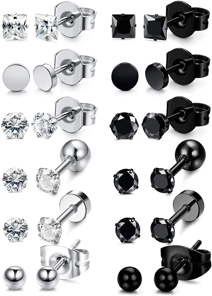 12 Pairs Stainless Steel Black White Stud Earrings for Men Women Cool CZ Ear Piercing Earring Jewelry 3-8mm - Grocery