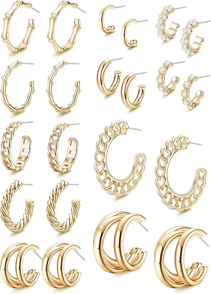 11Pairs Gold Chunky Hoop Earrings Set for Women Twisted Hoop Hoop Pearl Split Huggie Earring Lightweight Open Thick Double Hoops Fashion Ear Set - Grocery