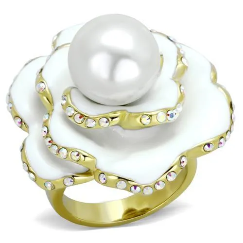 TK1847 - IP Gold(Ion Plating) Stainless Steel Ring with Synthetic Pearl in White - Grocery
