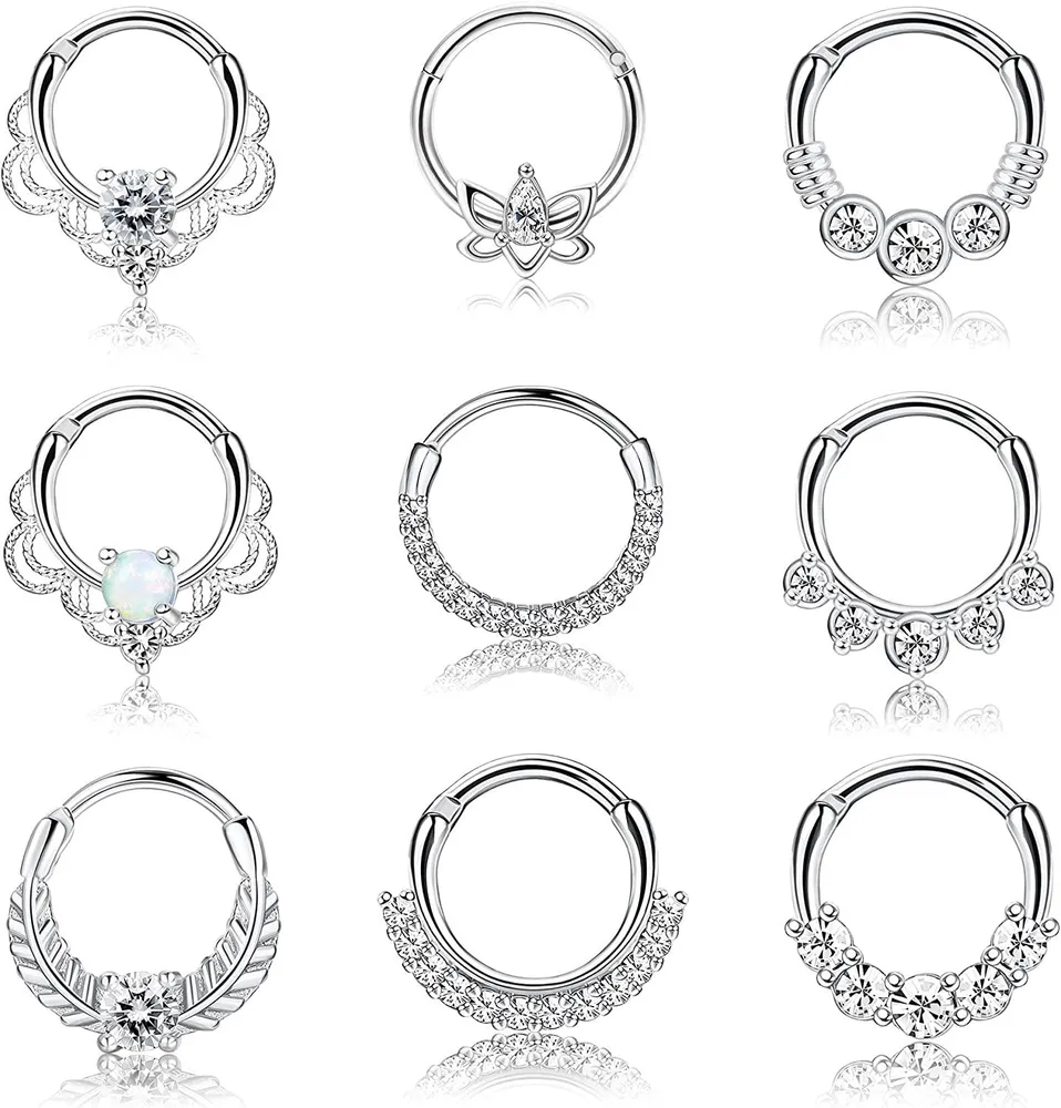 9PCS 16G Septum Rings Opal Daith Earrings Hoop Nose Rings 316L Stainless Steel CZ Cartilage Helix Tragus Earrings Septum Clicker Piercing Jewelry - Grocery