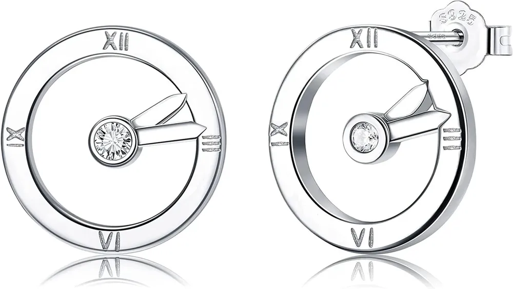 Clock Stud Earrings 925 Sterling Silver Stud Earrings for Women Cubic Zirconia Round Circle Stud Earrings White Gold Plated Valentines Day Gift for Her - Grocery