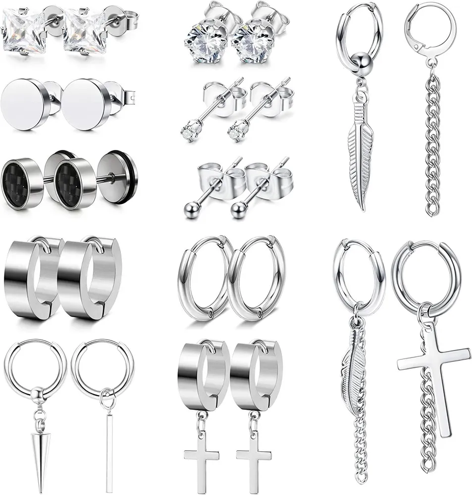 12 Pairs Earrings for Men Stud Hinged Hoop Earrings; Stainless Steel CZ Cross Feather Dangle Earrings; Long Chain Kpop Jewelry for Women - Grocery