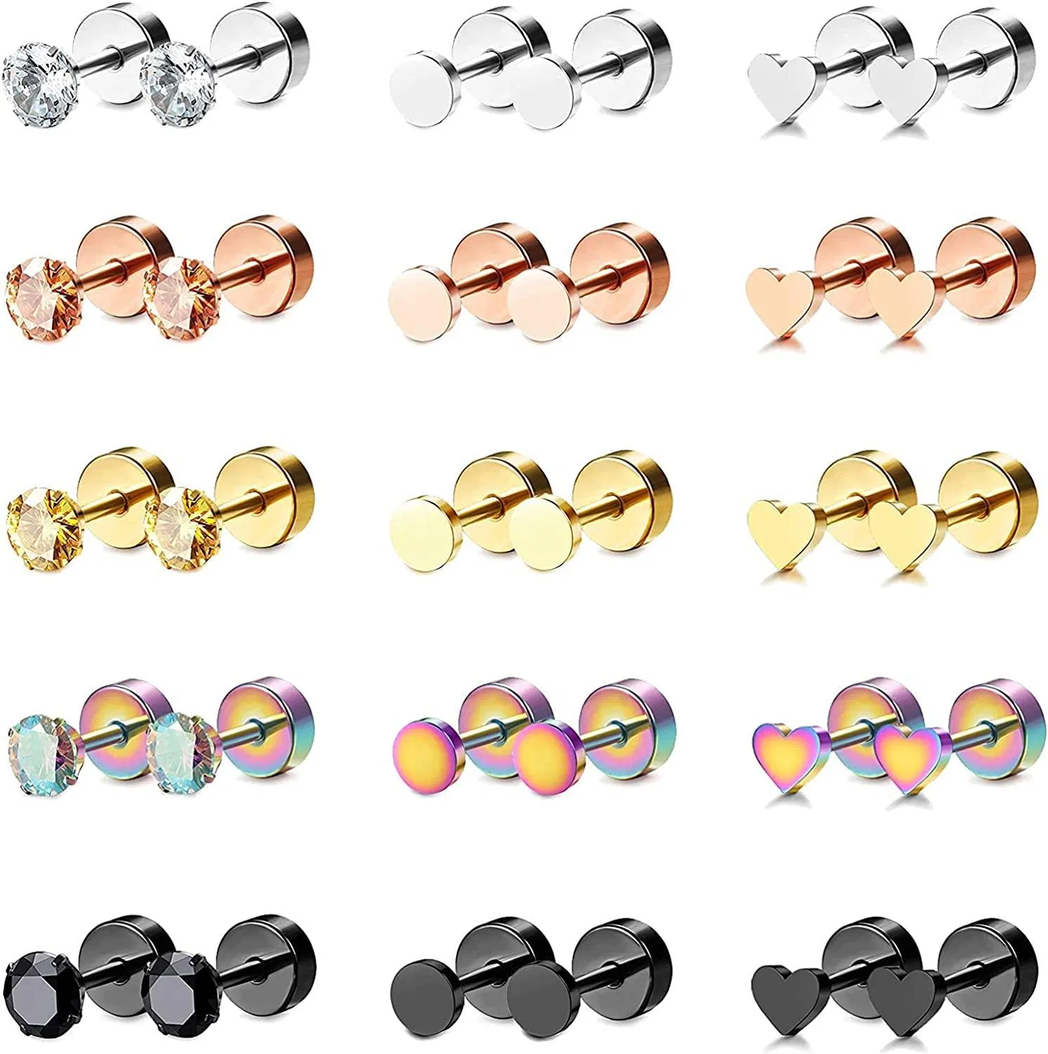 15 Pairs Tiny Cartilage Stud Earrings Stainless Flat Back Earrings for Women Men Heart CZ Trague Stud Earrings Screw Earrings Ear Piercing Set - Grocery