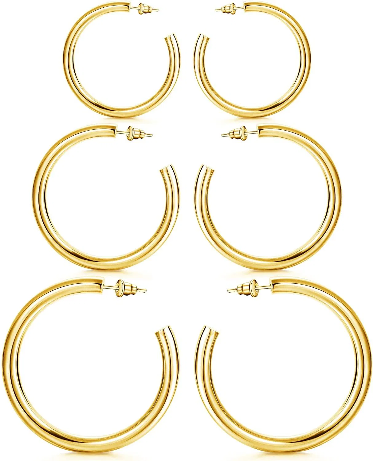3Pairs Gold Hoop Earrings for Women; Chunky Open Hoop Earrings; Lightweight Thick Tube Hoop Earrings for Women 30MM; 40MM; 50MM - Grocery