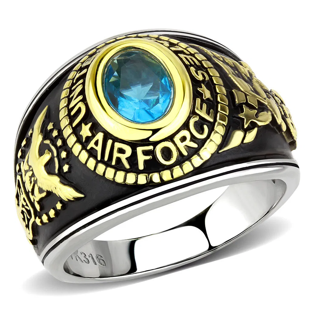 TK3725 - Two-Tone IP Gold (Ion Plating) Stainless Steel Ring with Synthetic Synthetic Glass in Sea Blue - Grocery