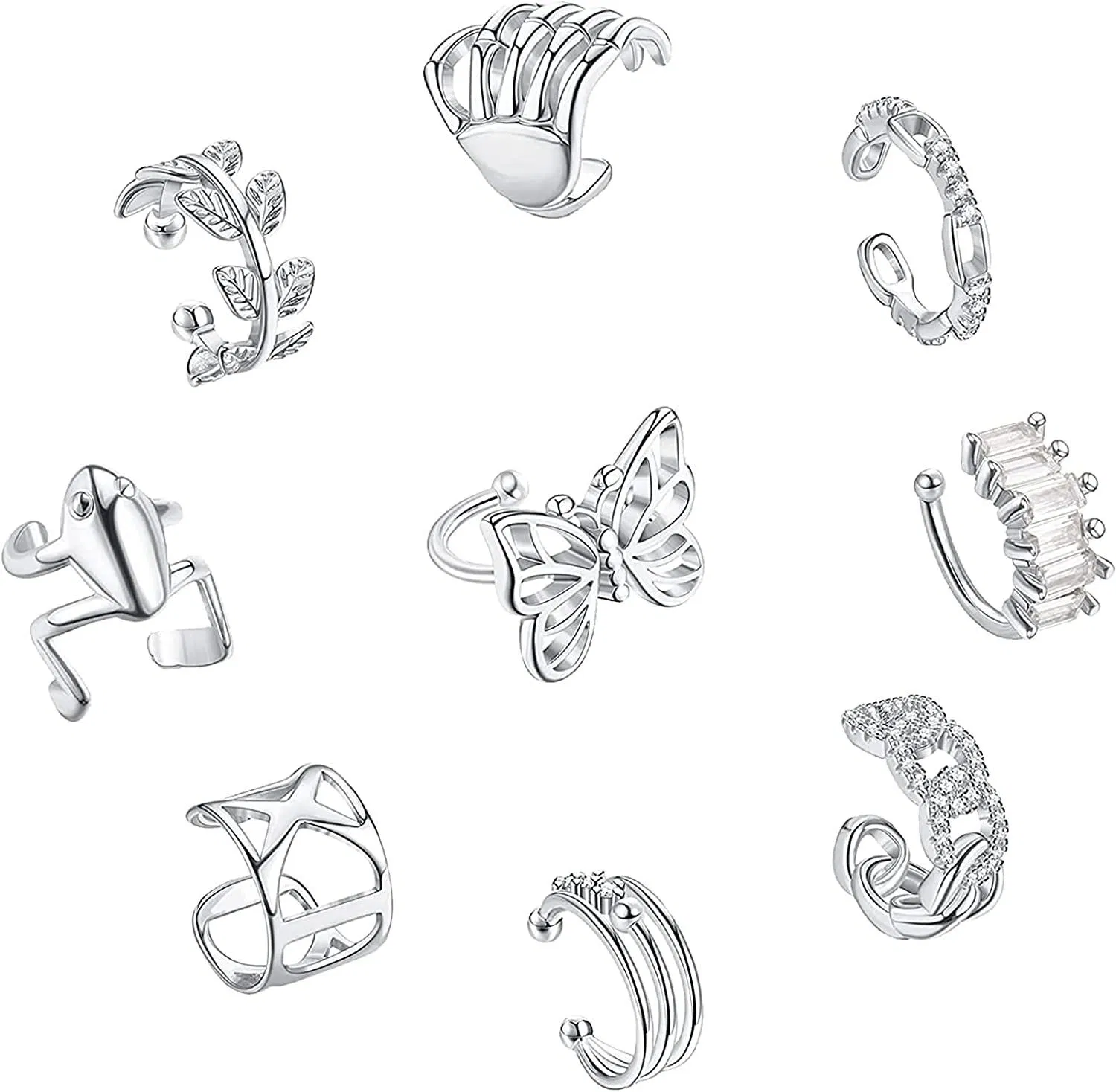 9 Pcs Vintage Cuff Earrings Set for Women No Piercing Cubic Zirconia Sparkling Cartilage Ear Cuffs Frog Butterfly Clip on Wrap Cuff Earrings - Grocery