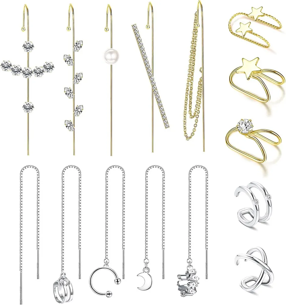 15Pcs Ear Wrap Crawler Hook Earrings Cuff Chain Earrings For Women Gold Silver Threader Earrings Ear Cuffs - Grocery