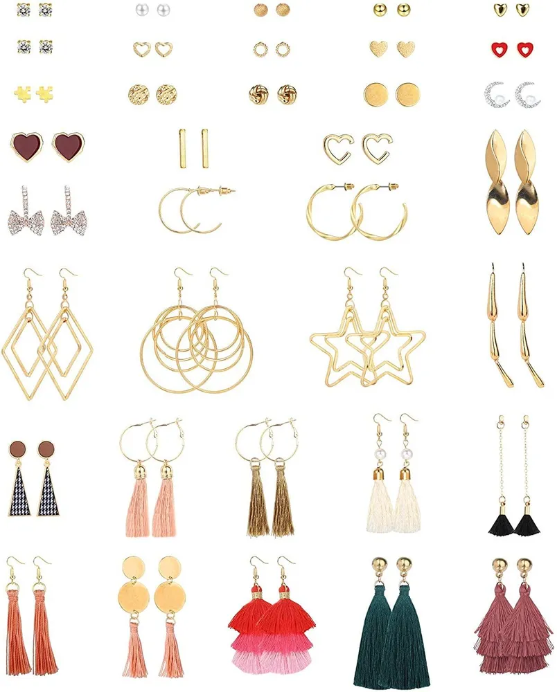 36 Pairs Fashion Earrings Set for Women Colorful Tassel Earrings Layered Long Dangle Earrings Cute Heart CZ Stud Earrings Geometric Earrings - Grocery