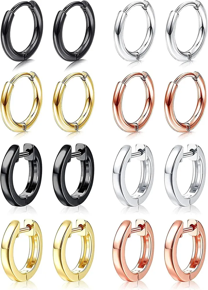 Small Hoop Earrings for Men 8mm Surgical Steel Huggie Hoop Earrings Hypoallergenic Cartilage Helix Lobes Cuff Earrings for Women 8 Pairs - Grocery