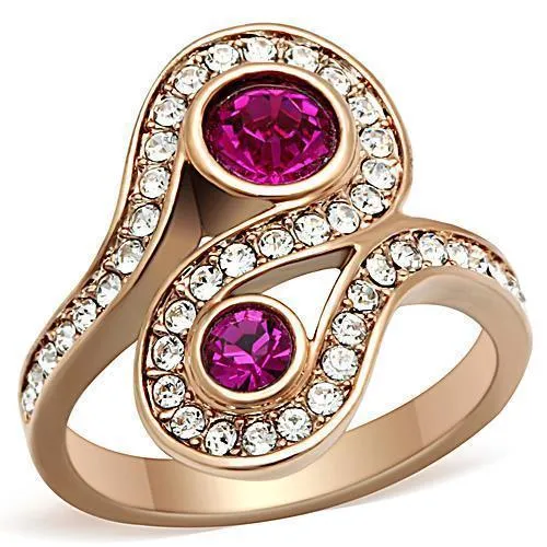 TK1413 - IP Rose Gold(Ion Plating) Stainless Steel Ring with Top Grade Crystal in Fuchsia - Grocery