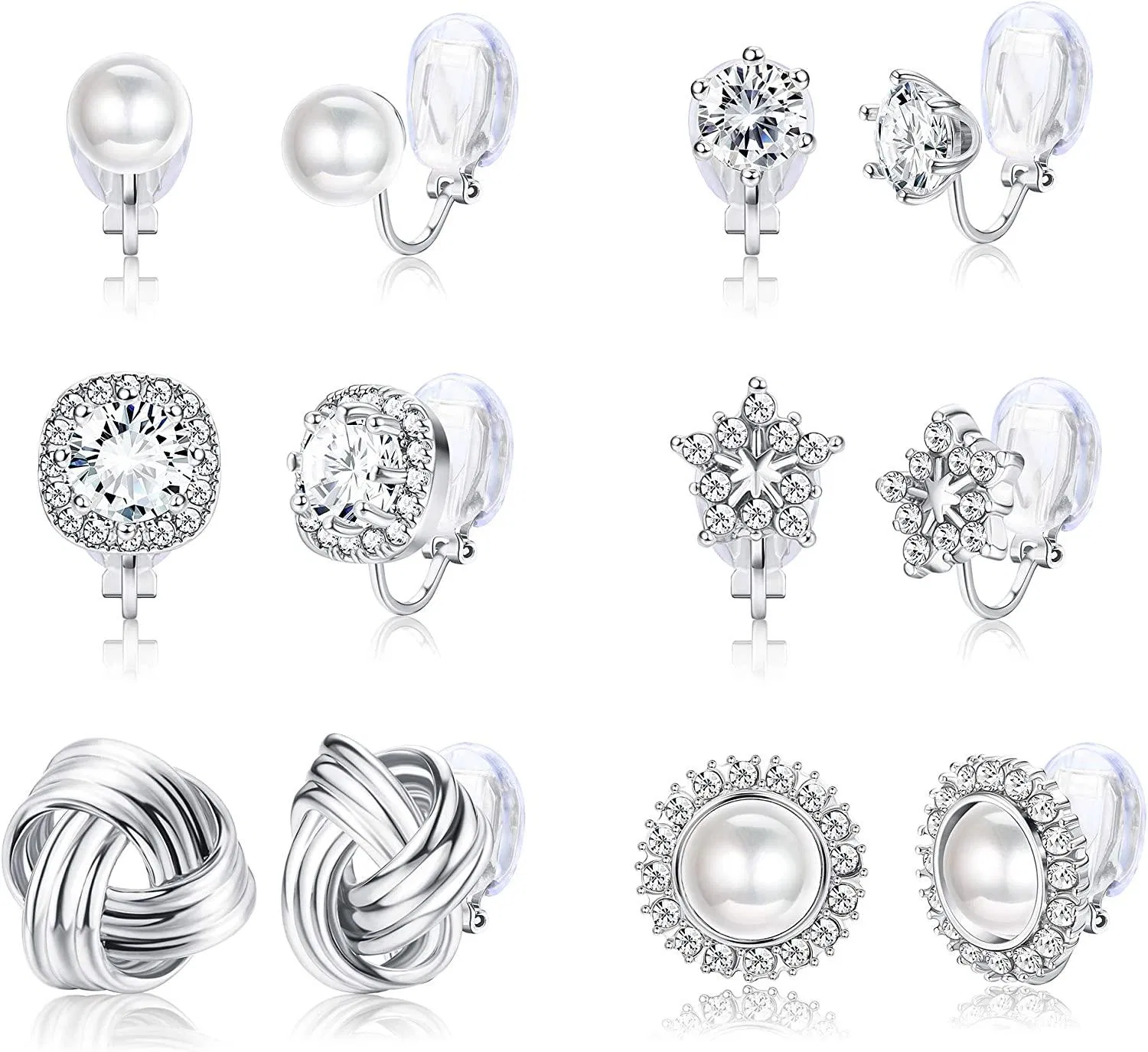 6 Pairs Clip On Earrings for Women Round Faux Pearl CZ Twist Knot Fashion Non Pierced Clip On Earrings Set - Grocery